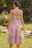 Strapless Pink A-Line Appliqued Midi Floral Dress