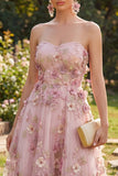 Strapless Pink A-Line Appliqued Midi Floral Dress