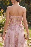 Strapless Pink A-Line Appliqued Midi Floral Dress