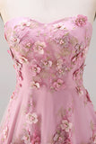 Strapless Pink A-Line Appliqued Midi Floral Dress