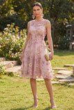 Pink A-Line Round Neck Midi Floral Dress