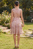Pink A-Line Round Neck Midi Floral Dress