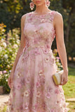 Pink A-Line Round Neck Midi Floral Dress