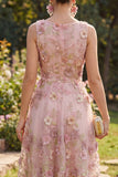 Pink A-Line Round Neck Midi Floral Dress