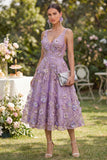 Lilac A-Line V-Neck Midi Floral Dress with 3D Flowers