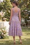 Lilac A-Line V-Neck Midi Floral Dress with 3D Flowers