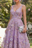 Lilac A-Line V-Neck Midi Floral Dress with 3D Flowers