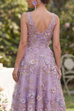 Lilac A-Line V-Neck Midi Floral Dress with 3D Flowers