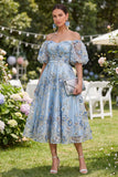 Off the Shoulder Blue A-Line 3D Flowers Midi Floral Dress