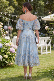 Off the Shoulder Blue A-Line 3D Flowers Midi Floral Dress