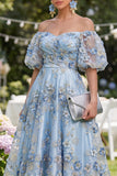 Off the Shoulder Blue A-Line 3D Flowers Midi Floral Dress
