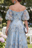 Off the Shoulder Blue A-Line 3D Flowers Midi Floral Dress
