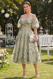 Off the Shoulder Blue A-Line 3D Flowers Midi Floral Dress