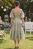 Off the Shoulder Blue A-Line 3D Flowers Midi Floral Dress