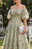 Off the Shoulder Blue A-Line 3D Flowers Midi Floral Dress
