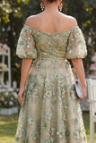 Off the Shoulder Blue A-Line 3D Flowers Midi Floral Dress