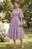 Off the Shoulder Blue A-Line 3D Flowers Midi Floral Dress