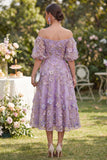 Off the Shoulder Blue A-Line 3D Flowers Midi Floral Dress