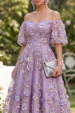 Off the Shoulder Blue A-Line 3D Flowers Midi Floral Dress