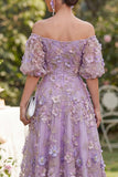 Off the Shoulder Blue A-Line 3D Flowers Midi Floral Dress