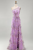 Lilac One Shoulder Ruched Sheath Long Floral Dress with Slit
