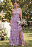 Lilac One Shoulder Ruched Sheath Long Floral Dress with Slit