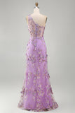 Lilac One Shoulder Ruched Sheath Long Floral Dress with Slit