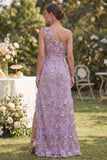 Lilac One Shoulder Ruched Sheath Long Floral Dress with Slit