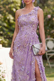 Lilac One Shoulder Ruched Sheath Long Floral Dress with Slit
