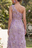 Lilac One Shoulder Ruched Sheath Long Floral Dress with Slit