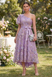 Lilac A-Line One Shoulder 3D Flowers Midi Floral Dress with Bow