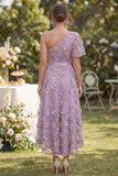 Lilac A-Line One Shoulder 3D Flowers Midi Floral Dress with Bow