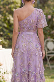 Lilac A-Line One Shoulder 3D Flowers Midi Floral Dress with Bow