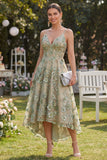 Dusty Green A-Line Spaghetti Straps Corset Midi Floral Dress with 3D Flowers