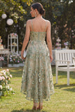 Dusty Green A-Line Spaghetti Straps Corset Midi Floral Dress with 3D Flowers