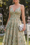 Dusty Green A-Line Spaghetti Straps Corset Midi Floral Dress with 3D Flowers