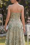 Dusty Green A-Line Spaghetti Straps Corset Midi Floral Dress with 3D Flowers