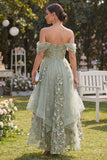 Off the Shoulder Dusty Green A-Line Organza Corset Midi Floral Dress