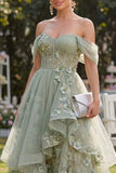 Off the Shoulder Dusty Green A-Line Organza Corset Midi Floral Dress