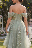 Off the Shoulder Dusty Green A-Line Organza Corset Midi Floral Dress
