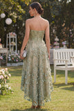 Strapless Dusty Green A-Line 3D Flowers Corset Midi Floral Dress