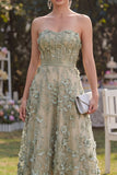 Strapless Dusty Green A-Line 3D Flowers Corset Midi Floral Dress