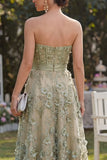 Strapless Dusty Green A-Line 3D Flowers Corset Midi Floral Dress