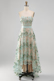 Dusty Sage Corset High Low A-Line Pearls Strapless Long Wedding Guest Dress with Appliques