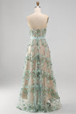 Dusty Sage Corset High Low A-Line Pearls Strapless Long Wedding Guest Dress with Appliques