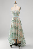 Dusty Sage Corset High Low A-Line Pearls Strapless Long Wedding Guest Dress with Appliques