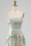 Dusty Sage Corset High Low A-Line Pearls Strapless Long Wedding Guest Dress with Appliques