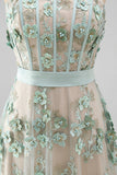 Dusty Sage Corset High Low A-Line Pearls Strapless Long Wedding Guest Dress with Appliques
