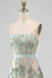 Dusty Sage Corset High Low A-Line Pearls Strapless Long Wedding Guest Dress with Appliques
