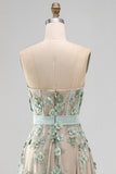 Dusty Sage Corset High Low A-Line Pearls Strapless Long Wedding Guest Dress with Appliques